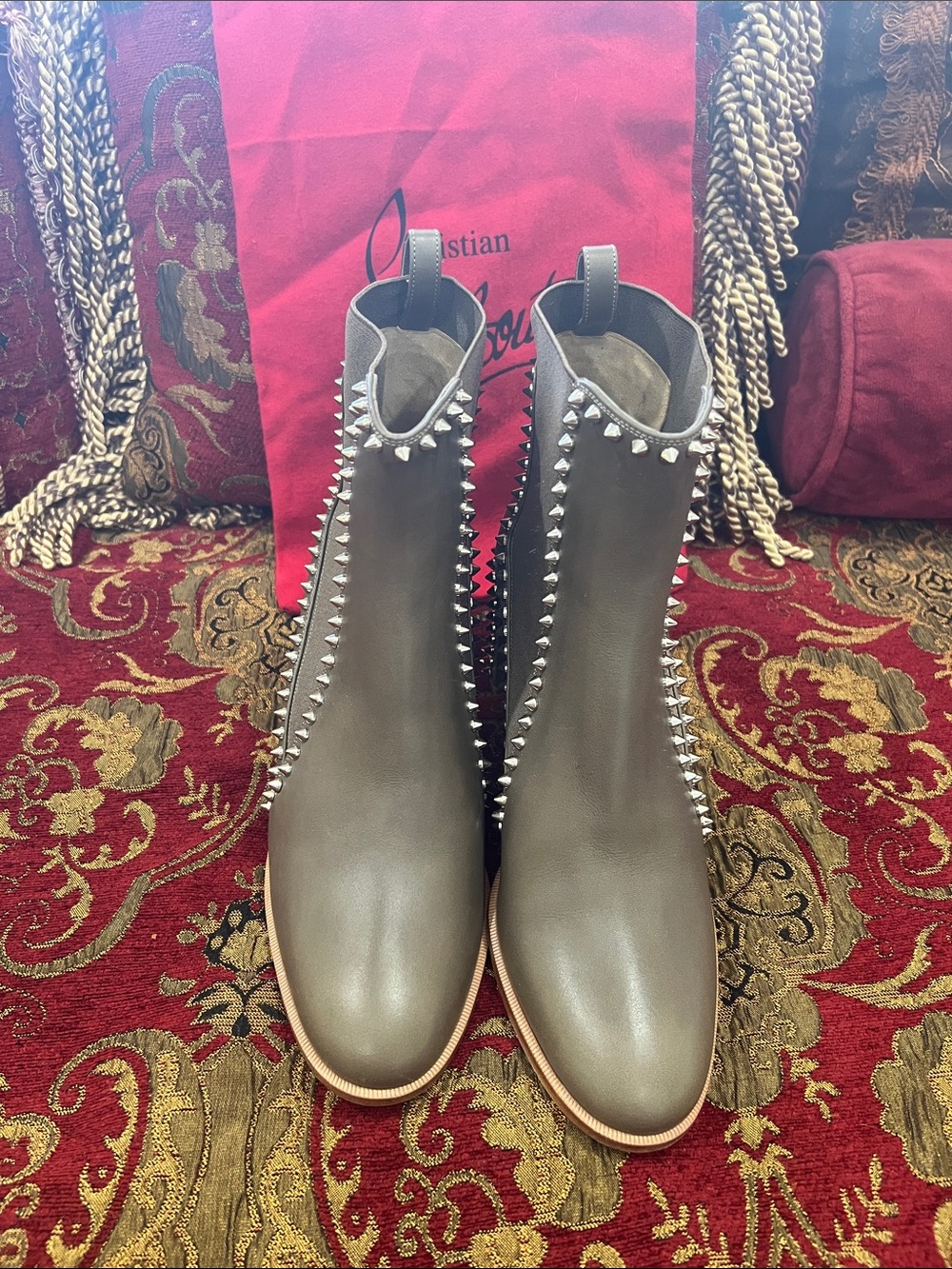 Christian Louboutin-Never Worn-Taupe Studded Block-Heel Ankle Boots Red Soles - Picture 2 of 4